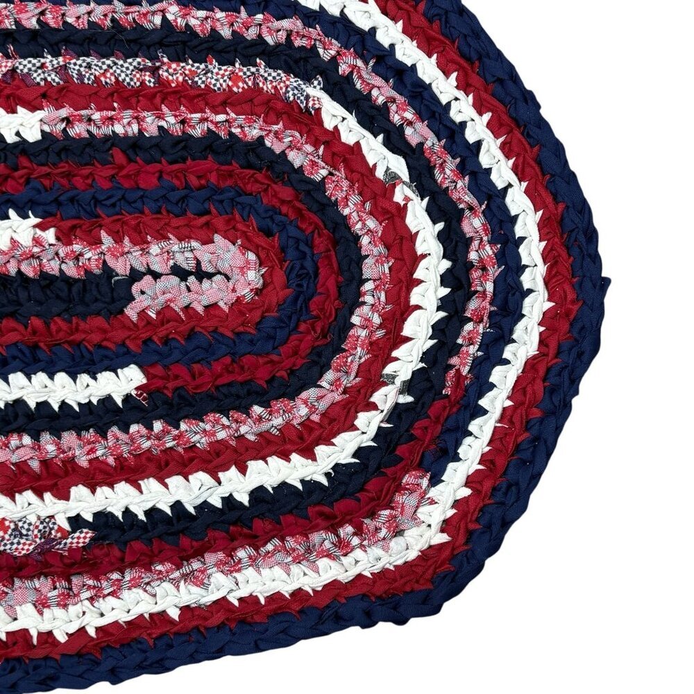 Handmade Knot Rug Oval Rag Rug Red White Blue - Picture 2 of 5